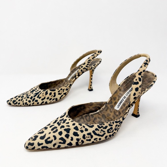 Manolo Blahnik Shoes - Manolo Blahnik Carolyne Leopard Print Canvas Slingback Heels Womens Size EU 38.5